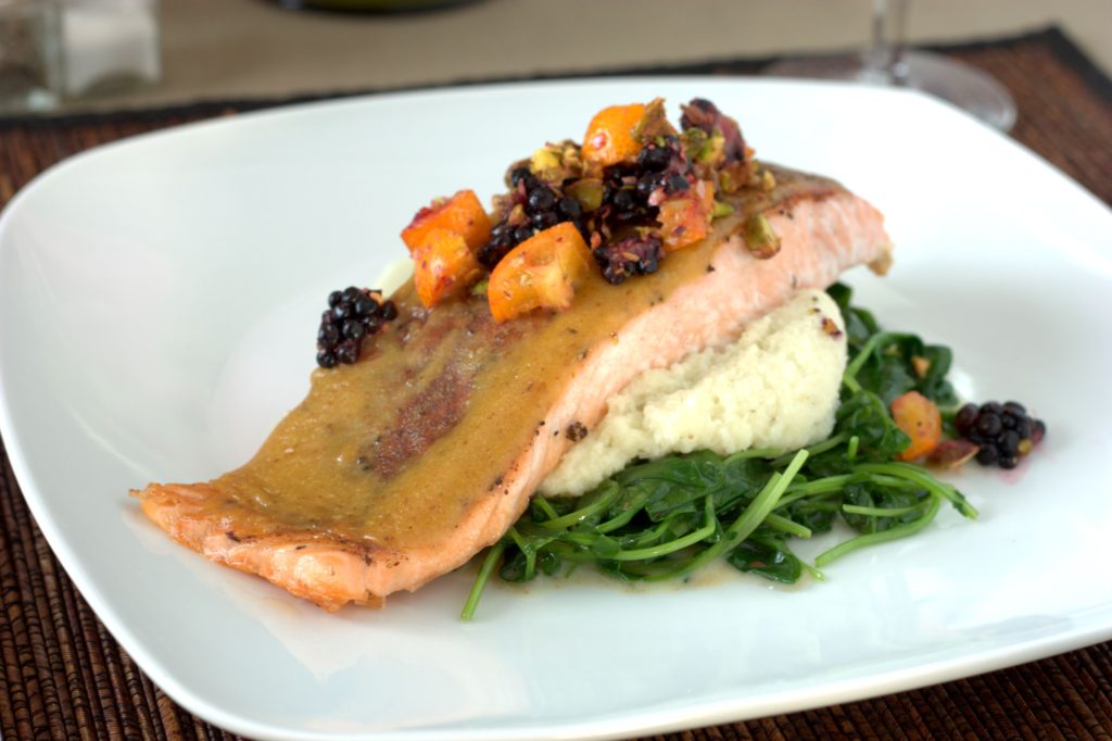 Apricot Ginger Salmon with Poblano Cauliflower Puree, and Wilted ...